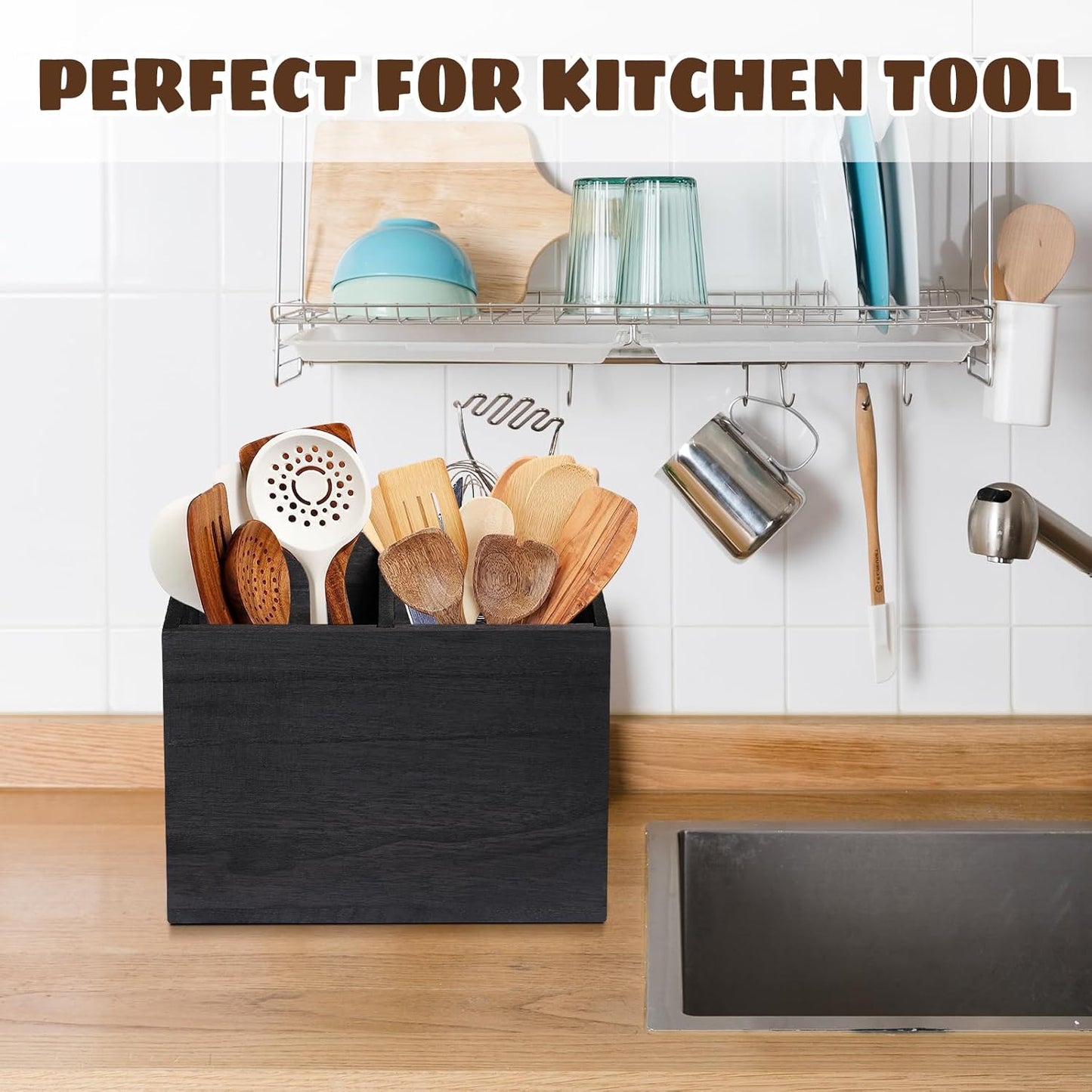 Wooden Kitchen Utensil Caddy With 2 Compartments, Rustic Utensil Holder for Kitchen Countertop, Wood Utensil Crock Organizer Box for Farmhouse Kitchen Decor (black)