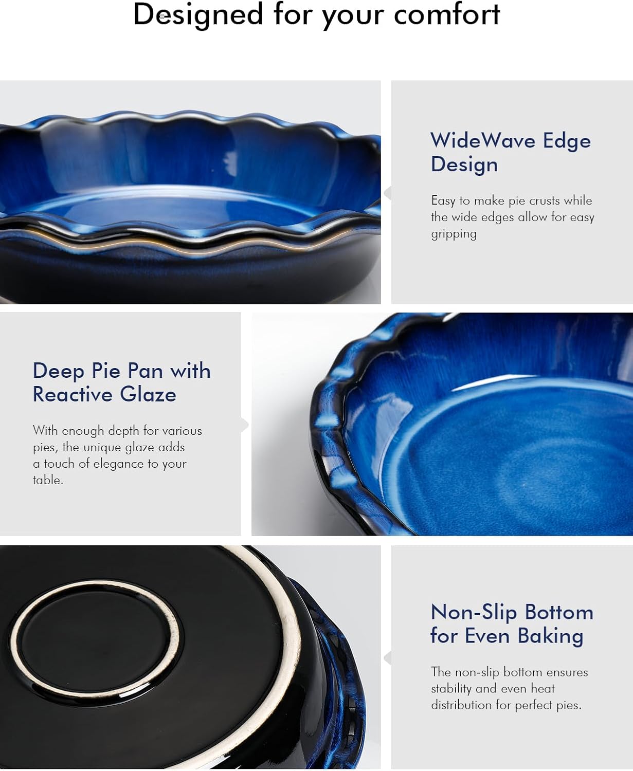 AISBUGUR Pie Pan for Baking 9 Inch Ceramic Pie Dish Quiche Baking Dish Non-Stick Dishwasher & Oven Safe (Reactive Glaze Blue)