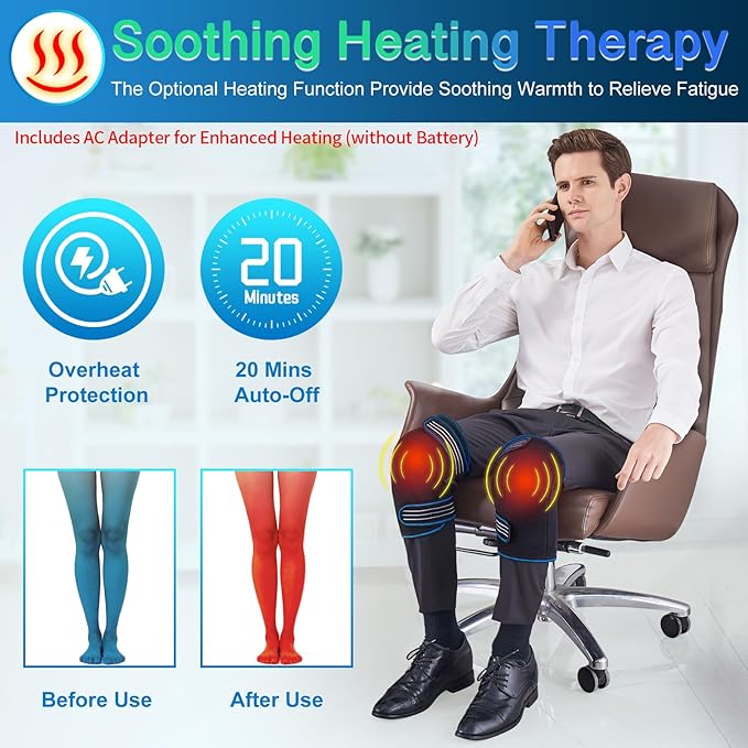 Knee Massager with Heat & Vibration, Heated Knee Brace for Knee Pain Relief, Heating Pad for Leg Pain, Leg Massager, 3 Vibration Modes 3 Heat Levels, AC Adapter Heating Faster (No Battery)