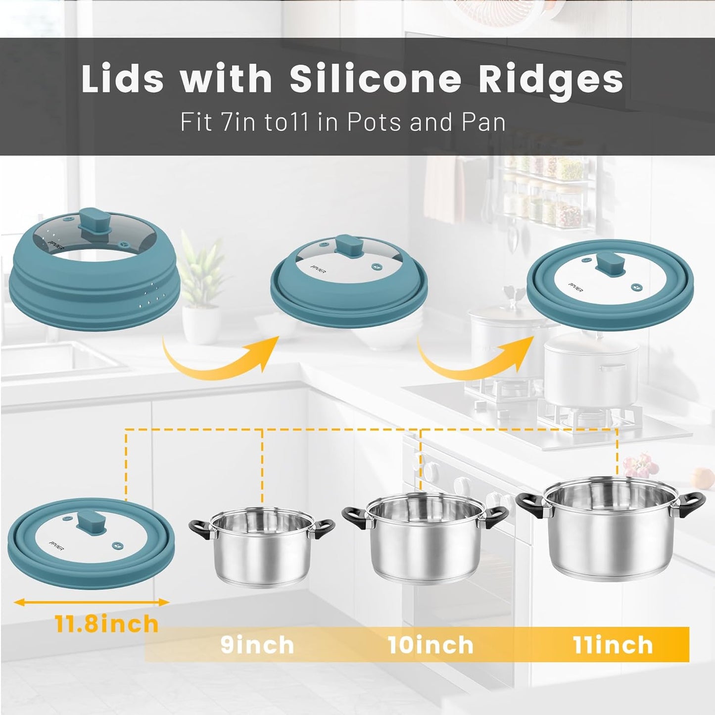 Microwave Splatter Cover, Vented Silicone and Glass Cover Splatter Guard Lid, Food Collapsible Plate Cover Lid with Easy Grip Handle. (Blue, 11.8 inch)