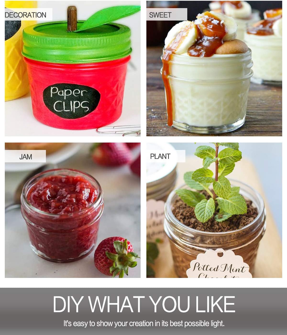 VERONES Mason Jars Canning Jars, 4 OZ Jelly Jars With Regular Lids and Bands, Ideal for Jam, Honey, Wedding Favors, Shower Favors, DIY Spice Jars, 50 PACK