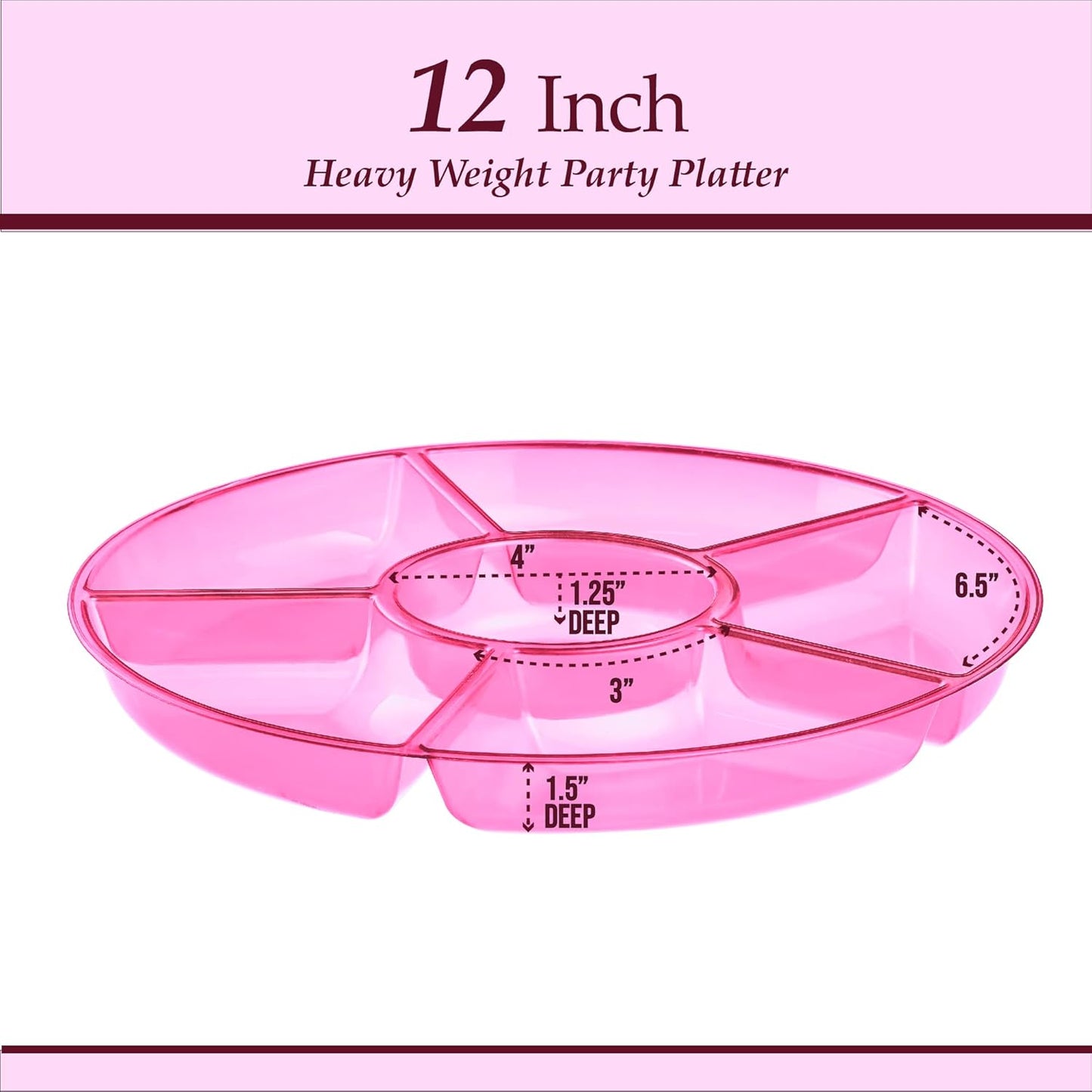 Plasticpro 6 Sectional Round Plastic Serving Tray/Platters Pink Pack of 2