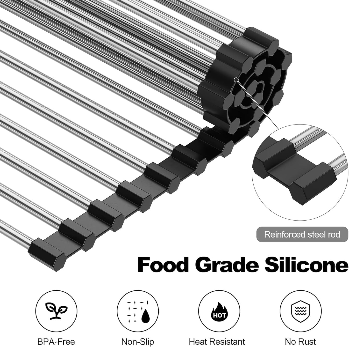 NEZUIBAN Dish Drying Rack with Roll Up and Over Sink for Kitchen,20.5"x13.8",Black