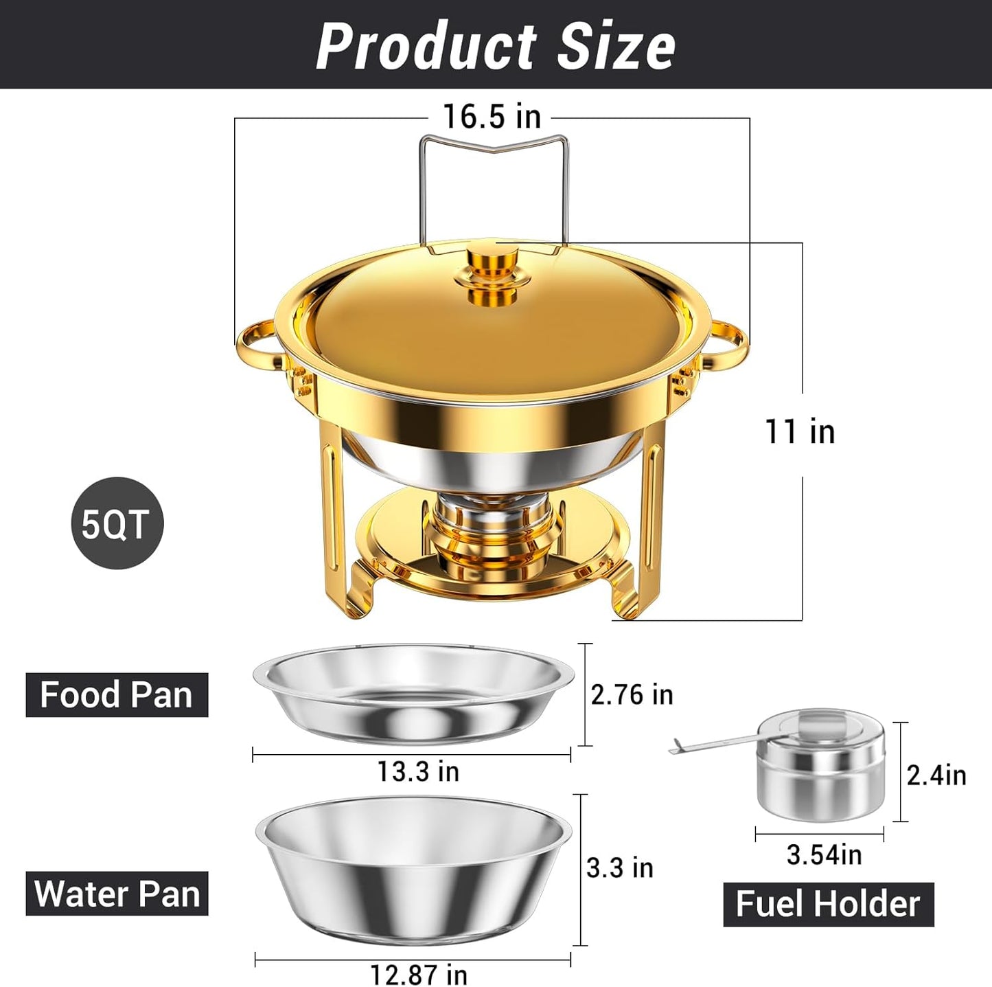 Round Chafing Dishes for Buffet 5 Qt,High Grade Chafing Dish Buffet Set, Full Size Pan,Rolled-Edge Design Food Warmers for Parties,Buffet,Wedding,Birthday,Camping 4 PACK (Gold)