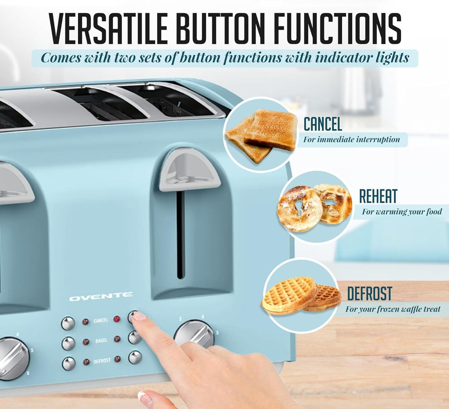OVENTE Electric 4-Slice Toaster Machine with 6-Shade Selector Setting, Cancel Button, Defrost Function, Crumb Tray, 1400W Power and Wide Slots for Bagels, Waffles and Puff Pastry, Light Blue TS4410LBL