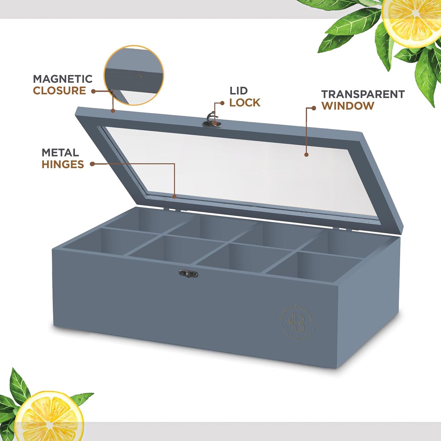 Bambsi Tea Bag Organizer - Bamboo Tea Box Organizer Storage Box, Tea Bag Holder with Acrylic Window, Magnetic Lid Keeps Tea Bags Fresh - Tea Organizer Caddy (Tea Not Included) Christmas Gift - Grey