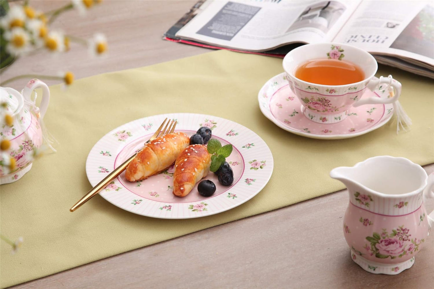 London Boutique Porcelain Teapot Sugar Bowl and Cream Milk Jug Shabby Chic Vintage Floral in Gift box 40oz (Cream & Sugar Set Rose Pink)