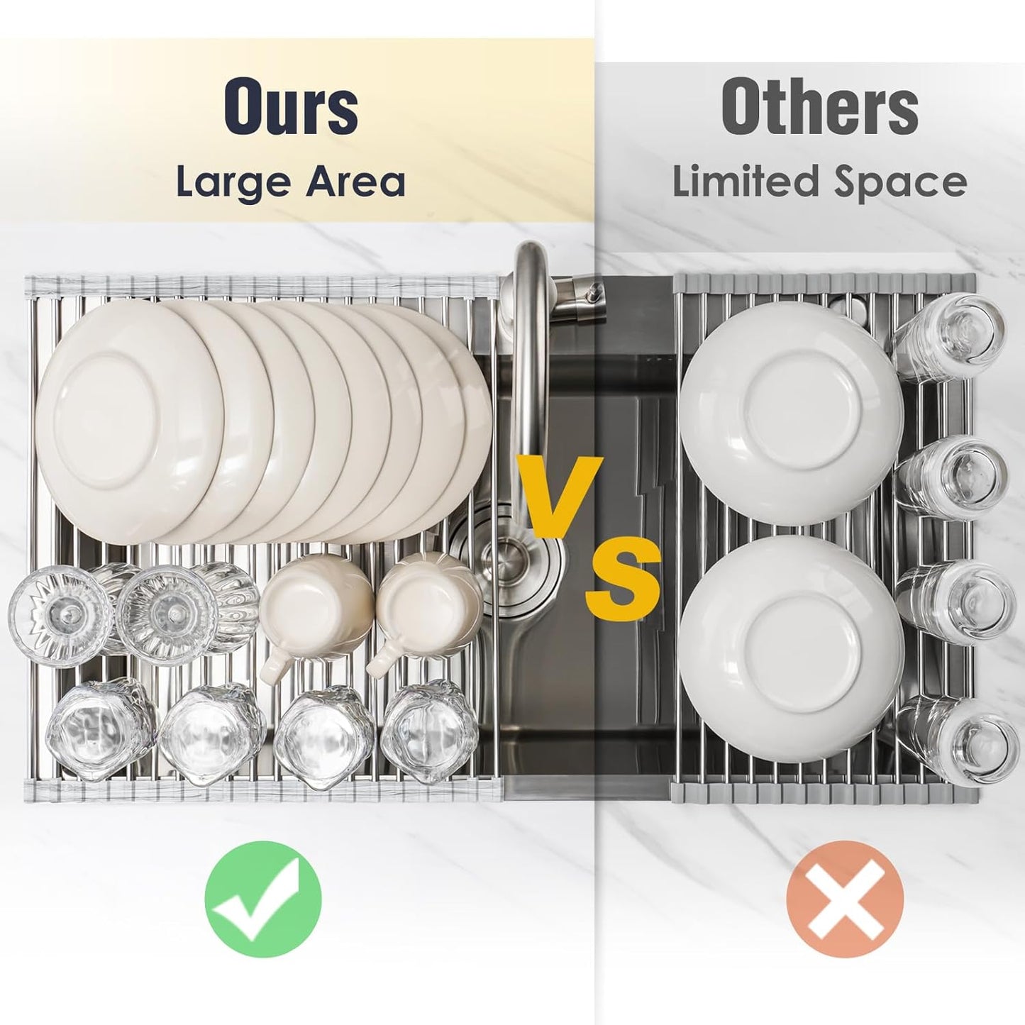 Tomorotec Stainless Steel Roll-Up Dish Drying Rack Marble Color Silicone Edges, Foldable Kitchen Rack Heat Resistant Trivet Supports up to 70 lbs, Food Safe for Dishes, Cookware & More