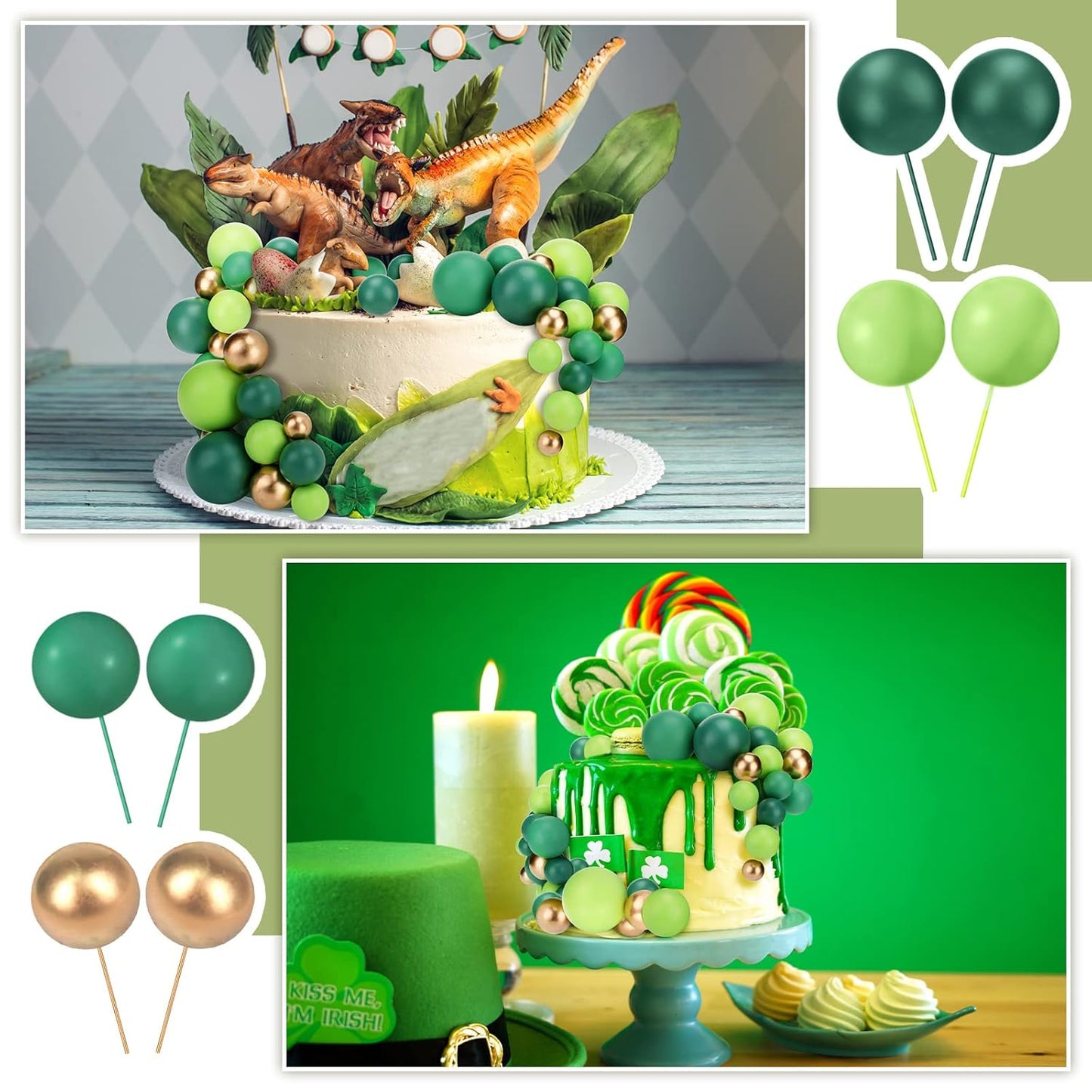 108 Pcs Balls Cake Topper DIY Cupcake Insert Foam Balloons for Cake Baking Wedding Anniversary Birthday Decoration(Assorted Green, Gold,Multi Sizes)