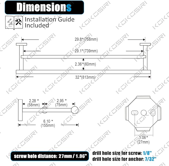 KOKOSIRI 32'' Towel Rails Bathroom Double Towel Bars 32 Inch B5005BK-L32