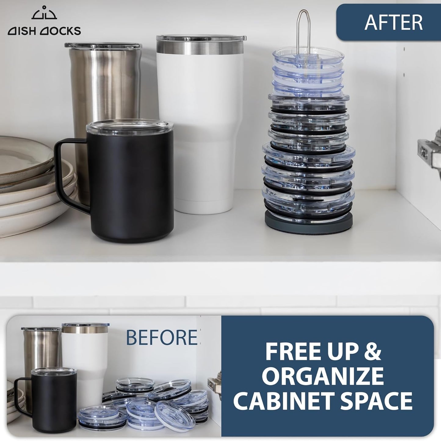 2-pk Tumbler Lid Organizer for Cabinet & Countertop - Slim Space-Saving Lid Holder with 9" Sturdy Bar & Weighted, Non-Slip Base - Vertical Storage Cup Lid Organizer - Collapsible Lid Rack for 10 Lids