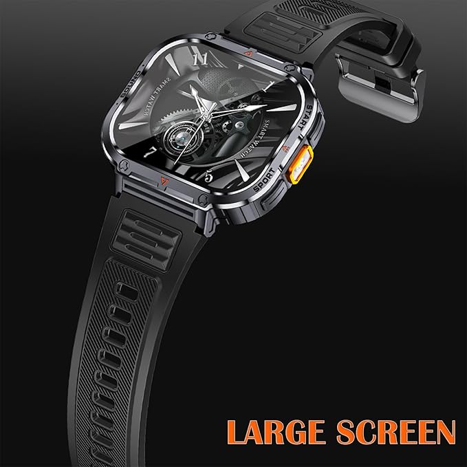 Loluka Big Screen Smart Watch for Men, 2.0'' HD Military Smartwatch with LED Flashlight 5ATM Waterproof Rugged Tactical Fitness Tracker (Answer/Make Calls)