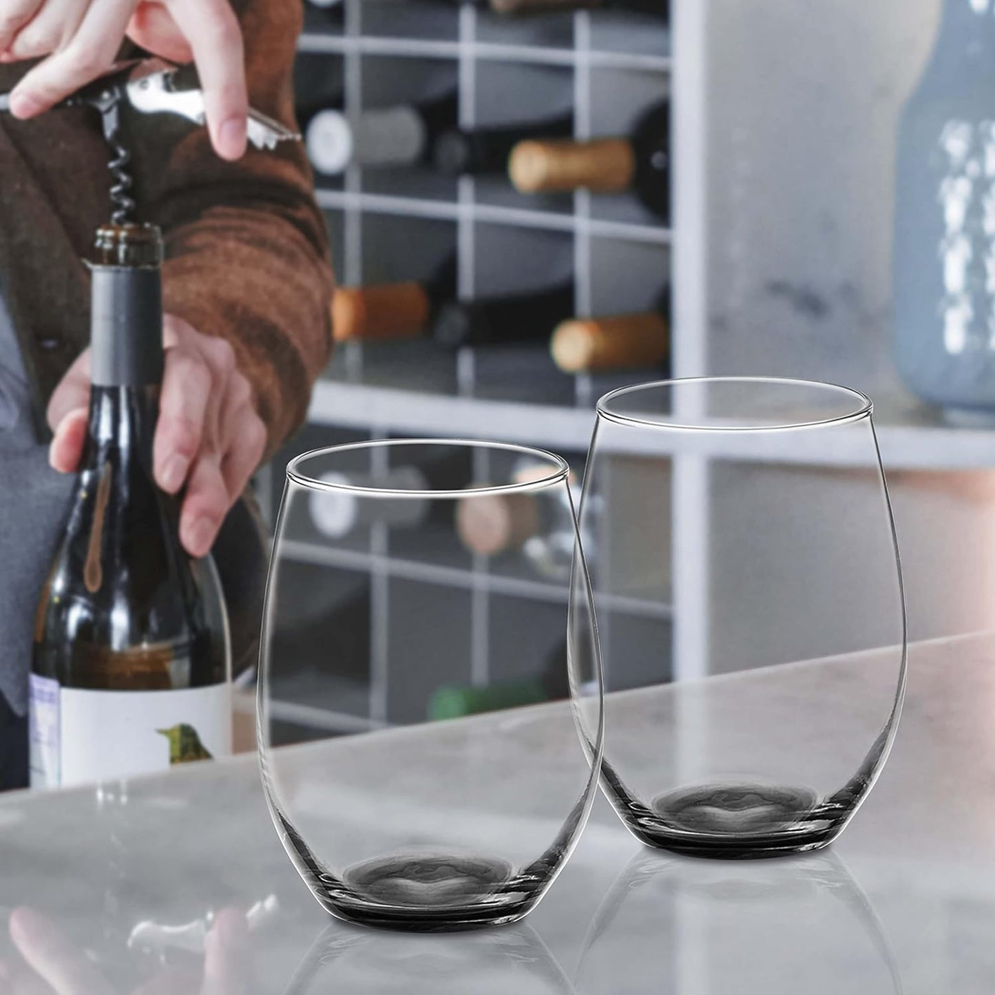 DISCOUNT PROMOS 10 ARC Stemless Wine Glasses Set, 21 oz. - Chardonnay, Cabernet, Merlot, Sauvignon - Black