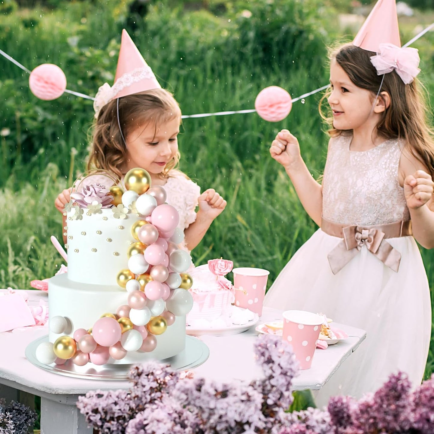 48 Pcs Cake Topper Decorations - Balloon Cupcake Toppers, Foam Balls for Birthday Party Wedding Cake Decorating (Rose Gold, Pink, White, Gold)