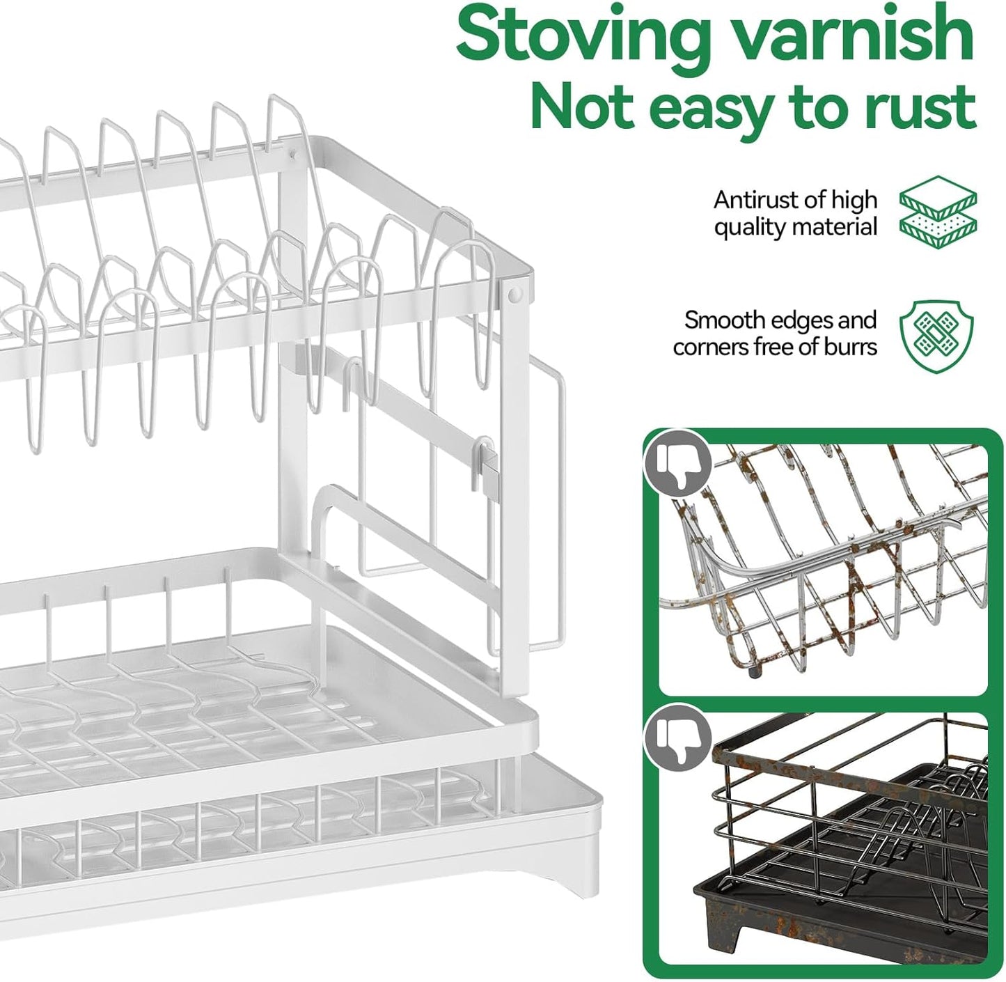 2-Tier Dish Drying Rack with Drainboard, Sink & Countertop Metal Dish Rack Organizer, Dish Drainers for Kitchen Counter, White Dish Racks
