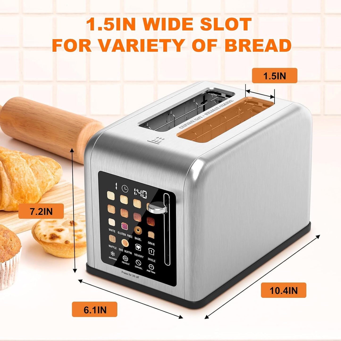 2 Slice Toaster Touch Screen, Stainless Steel Toasters Digital Timer 2 Slot Toasters, 8 Shade Settings 6 Bread Types for Bagel, Cancel, Defrost(Stainless Steel)