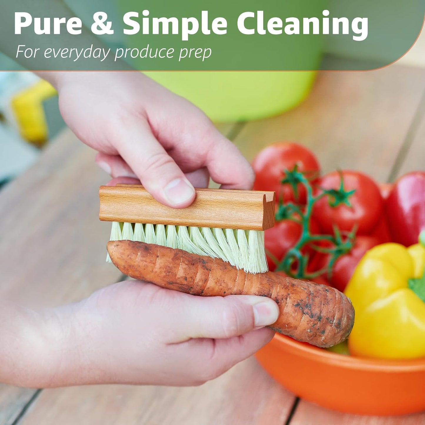 Vegetable Brush Set of 2 - Fruit and Vegetable Brush Scrubber for Food, Potato Scrubber, Mushroom Brush with Comfortable Wooden Handle, Veggie Brush for Carrots, Natural Produce Cleaning Brush