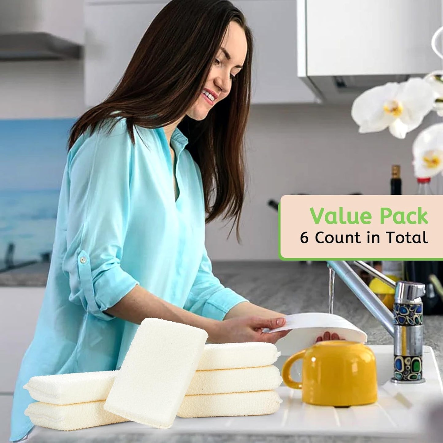 Practical Matter Kitchen Sponge, Organic Cotton Fiber All-Purpose Dish Sponges for Washing Dishes and Cleaning All Surfaces, Durable Non Scratch Scrub, 6 Count Value Pack