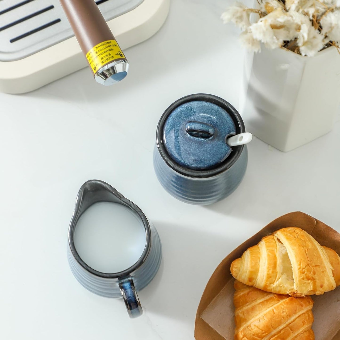 Glowworm Porcelain Sugar and Creamer Set, 11 Ounce Sugar Container, 10 Ounce Cream Pitcher, Farmhouse Coffee Sets for Serving, Dishwasher Safe, Blue