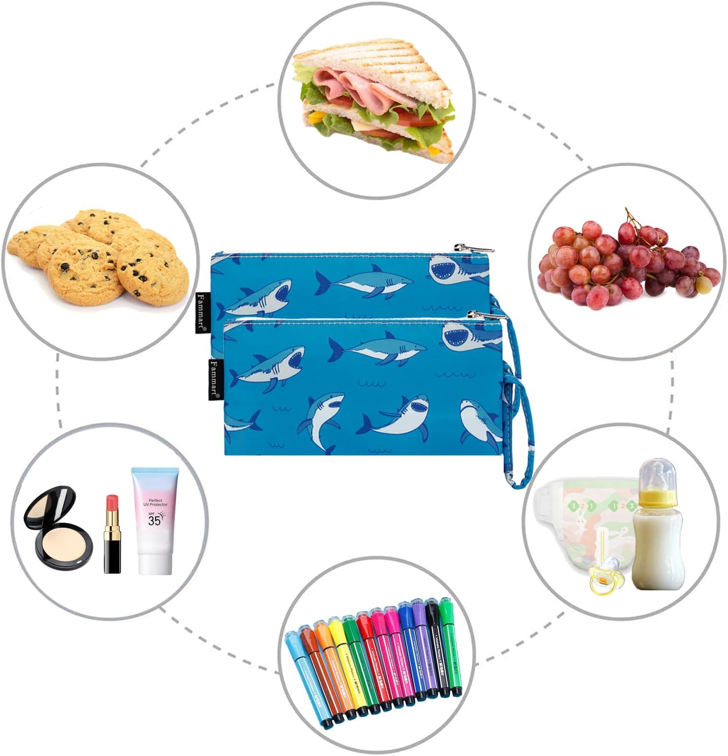 Reusable Sandwich Bag/Snack Bag for Kids & Adults, Dual Layer Lunch Bag with Handle, Washable, Food Safe, BPA Free (2-Pack, Shark)