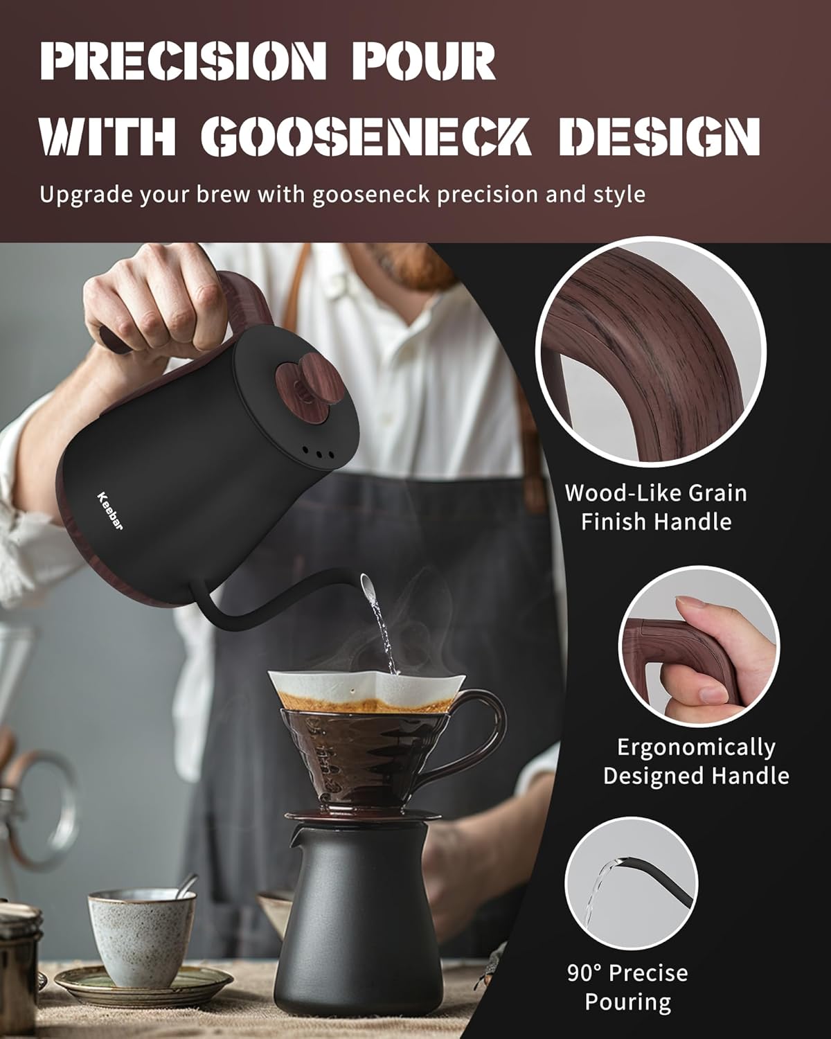 Electric Kettle, Electric Gooseneck Kettle with 6 Temperature Control Presets and LED Display, 0.8L/27.05oz, 0.8mm Ultra-Fine Spout, 304 Stainless Steel Inner, 1000W Gooseneck Kettle, Matte Black