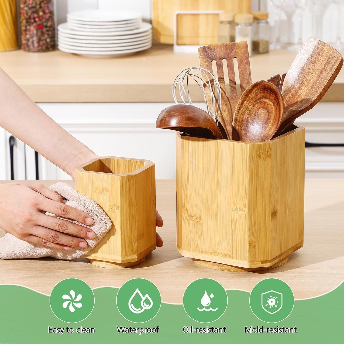 2 Pack Wooden Utensil Holder, 360°Rotating Kitchen Cooking Utensil Crock, Spoon Spatula Holder for Kitchen Counter, Farmhouse Countertop Organizer ()