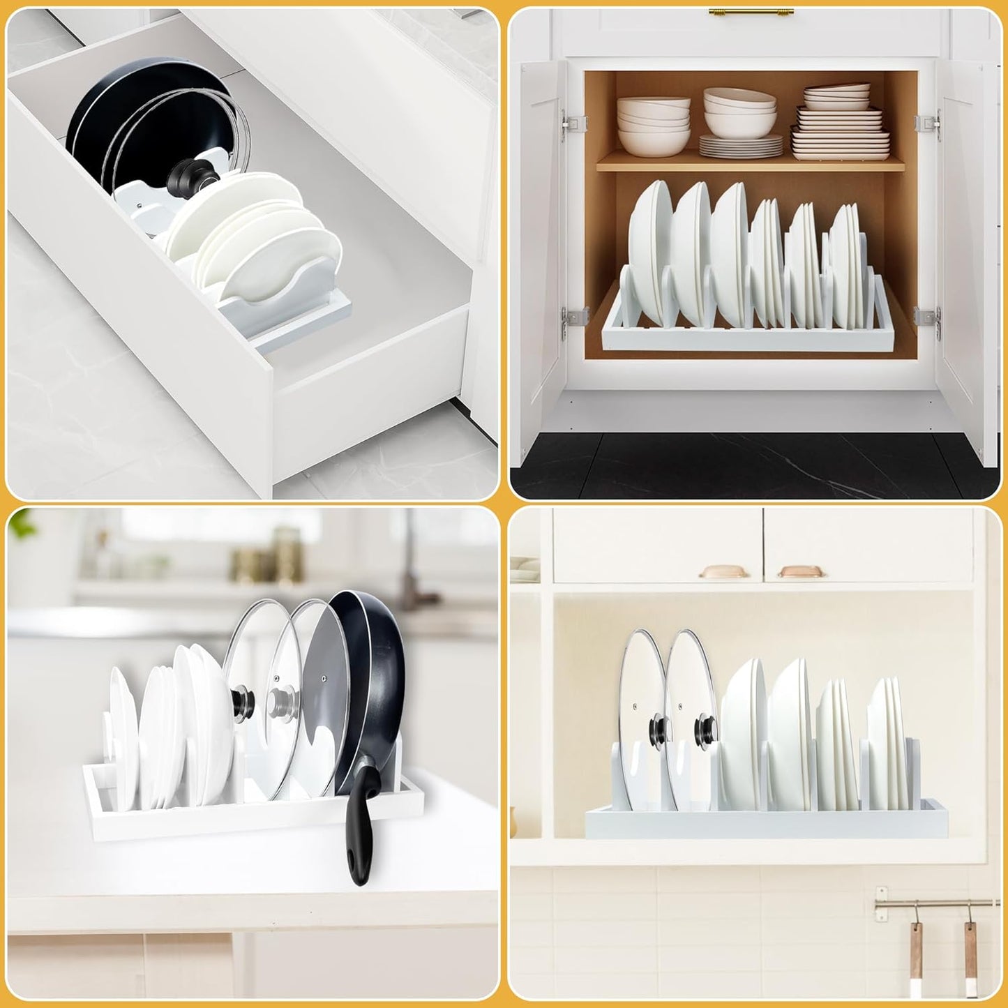 MinBoo Bamboo Pot Lid Organizer Pot Lid Holder, Pot and Pan Organizer Drawer Organizer for Pot Lids, Pans, Cutting Boards & Baking Sheets, Dinner Plates, Reusable Containers in Cabinet Storage,White