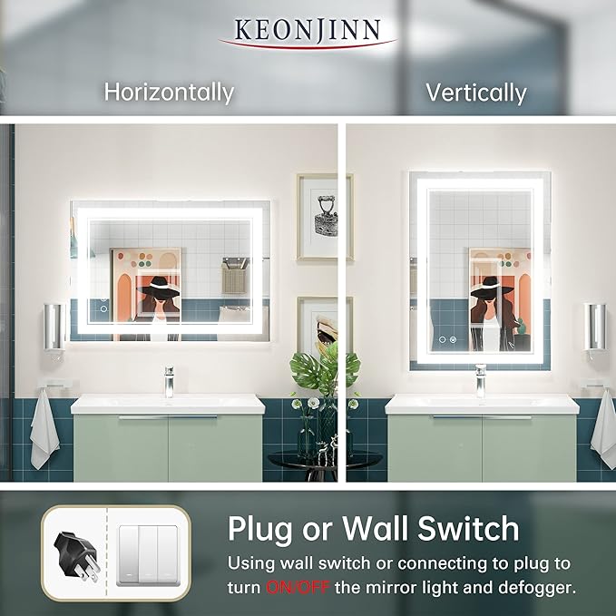Keonjinn 20 x 28 Inch LED Mirror Bathroom 6000K(Horizontal or