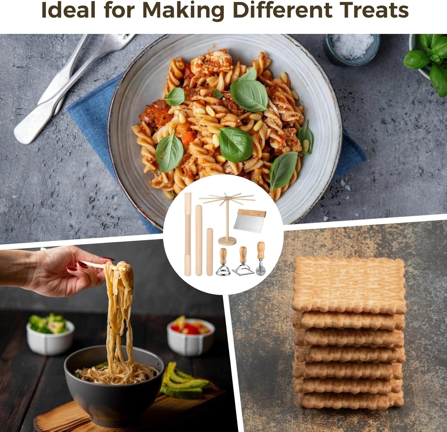 8 Pcs Pasta Making Tools, Wood Pasta Maker Kit, Includes 1 Pasta Drying Rack, 3 Rolling Pins, 1 Dough Cutter, 2 Pasta Stamps, and 1 Ravioli Cutter, Homemade Pasta Making Supplies