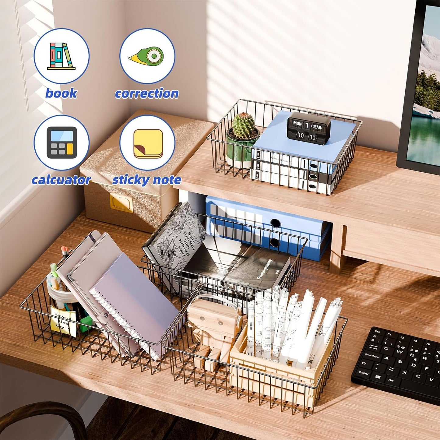 Simple Trending 6 Pack Large Wire Baskets for Organization, Metal Pantry Storage Baskets for Cabinet, Kitchen, Garage, Bathroom, Black