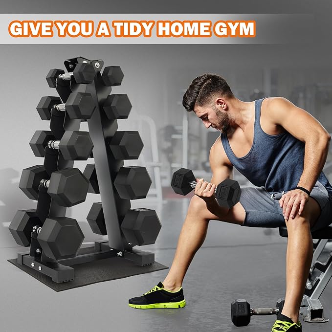 Rubber Coated Hex Dumbbell Weight Set and Storage Rack, 100LB Set or 150LB Set, 5-20 lbs Pairs or 5-25 lbs Pairs