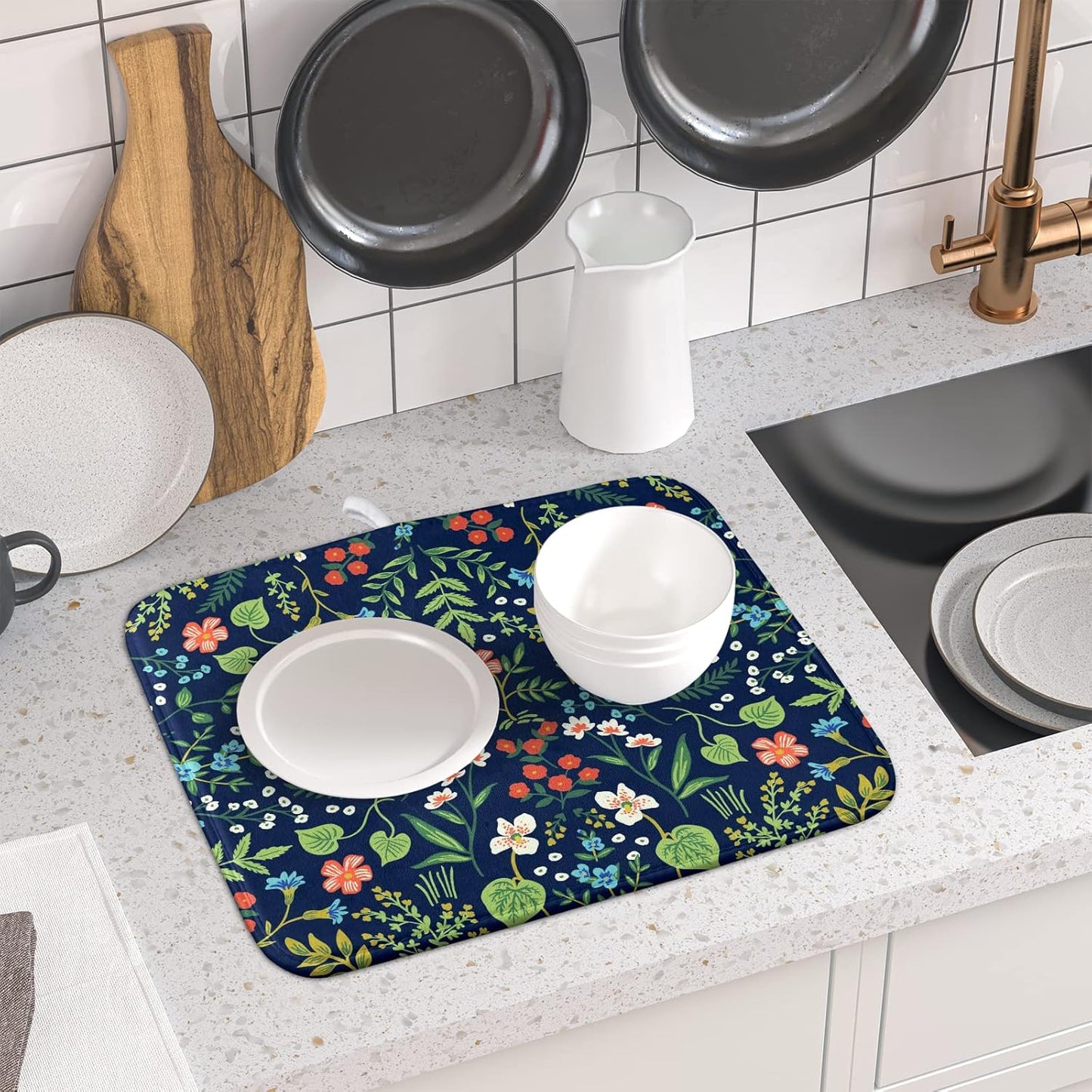 Flower Floral Dish Drying Mat 18x24 inch Microfiber Navy Blue Drying Mats with Hanging Loop Absorbent Green Leaves Dish Drainer Mat Reversible Flowers Drying Pad for Kitchen Counter Sink