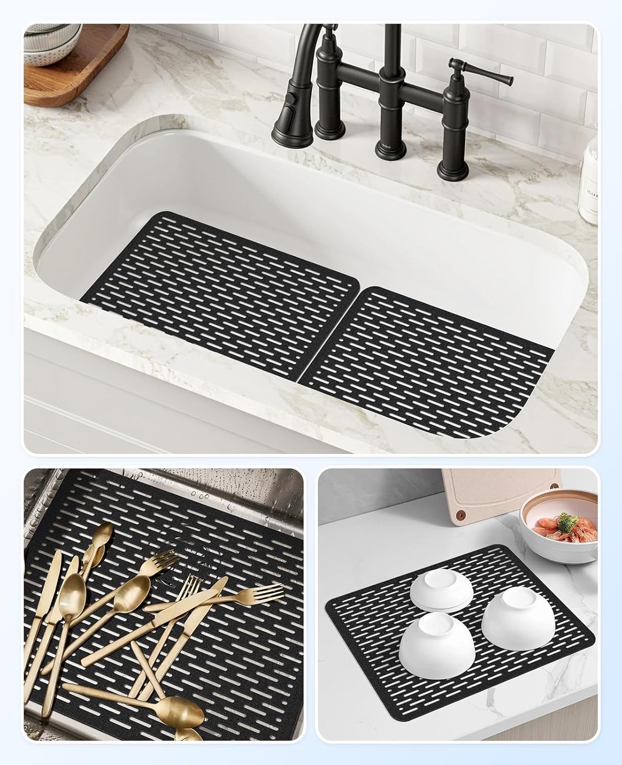 Bligli Mesh Sink Mat, 15.7 x 11.8inch Sink Prtector Mats for Kitchen Sinks, PVC Eco-Friendly Sink Protectors for Bottom of Sink, Fast Draining, Easy Cleaning, Black
