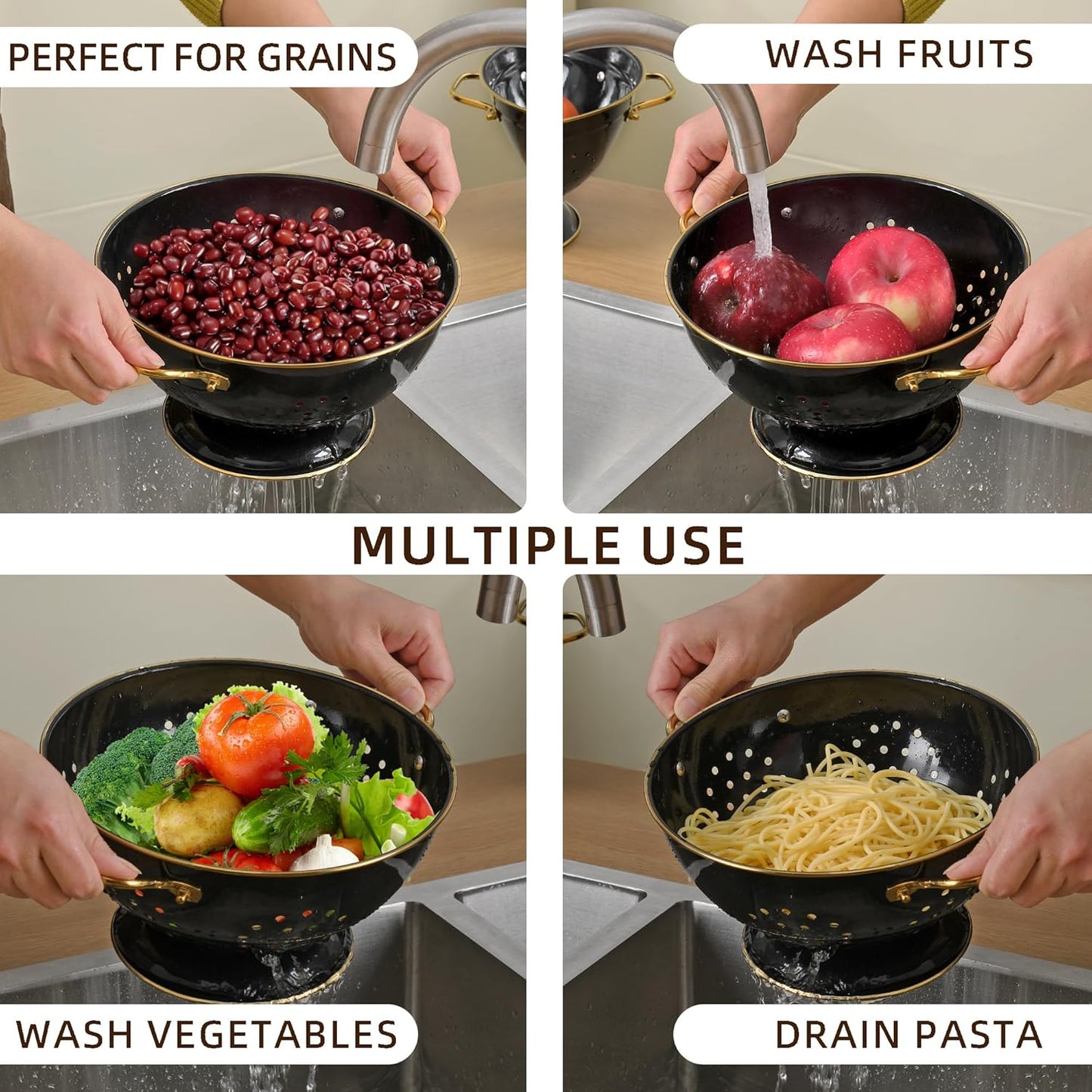 Metal Colander 2 Pack, 3.5 Quart Powder Coated Self-draining Solid Ring Base Metal Large Kitchen Pasta Vegetable Fruit Strainer with Handle (L-BLACK)