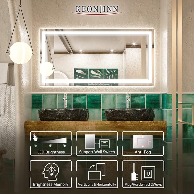 Keonjinn 48 x 24 Inch LED Bathroom Mirror 6000K (Horizontal/Vertical)