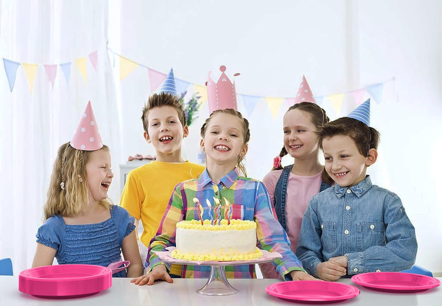 Exquisite Party Solids Hot Pink Plastic Plates For Party 9" Hot Pink Disposable Plates Heavy Duty Supplies 100 Pcs Plastic Dinnerware Sets Heavy Duty 350 GSM Disposable Dinnerware Set