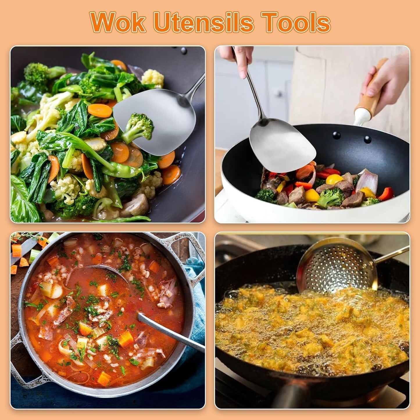 FJNATINH Wok Utensils for Carbon Steel, Stainless Steel Wok Spatula Metal Set, 6-Pieces 13-15 Inch Extra Long, Wok Tools Professional Set, Wooden Handle Skimmer, Soup Ladle, Slotted Turner