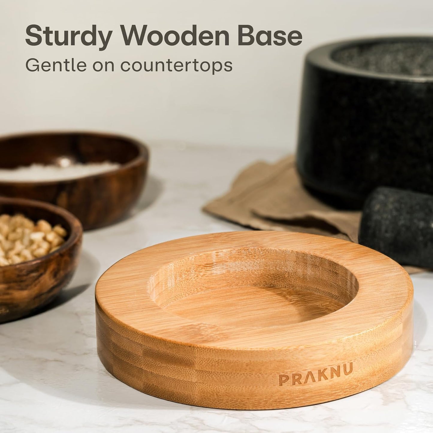 Mortar and Pestle Set Large 2 Cup - Heavy-Duty Stone Grinder for Spices, Herbs & Guacamole - Durable Granite - Non-Slip Wooden Base - Effortless Grinding & Easy to Clean