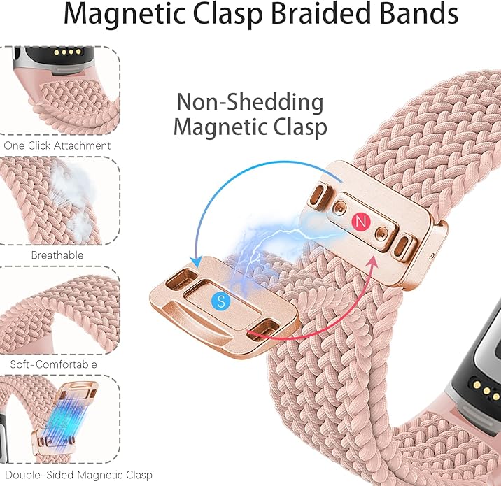 Magnetic Braided Nylon Compatible with Fitbit Charge 6 Bands/Fitbit Charge 5 Bands for Women Men, Soft Sport Stretchy Breathable Strap Replacement Wristband for Charge 6/Charge 5