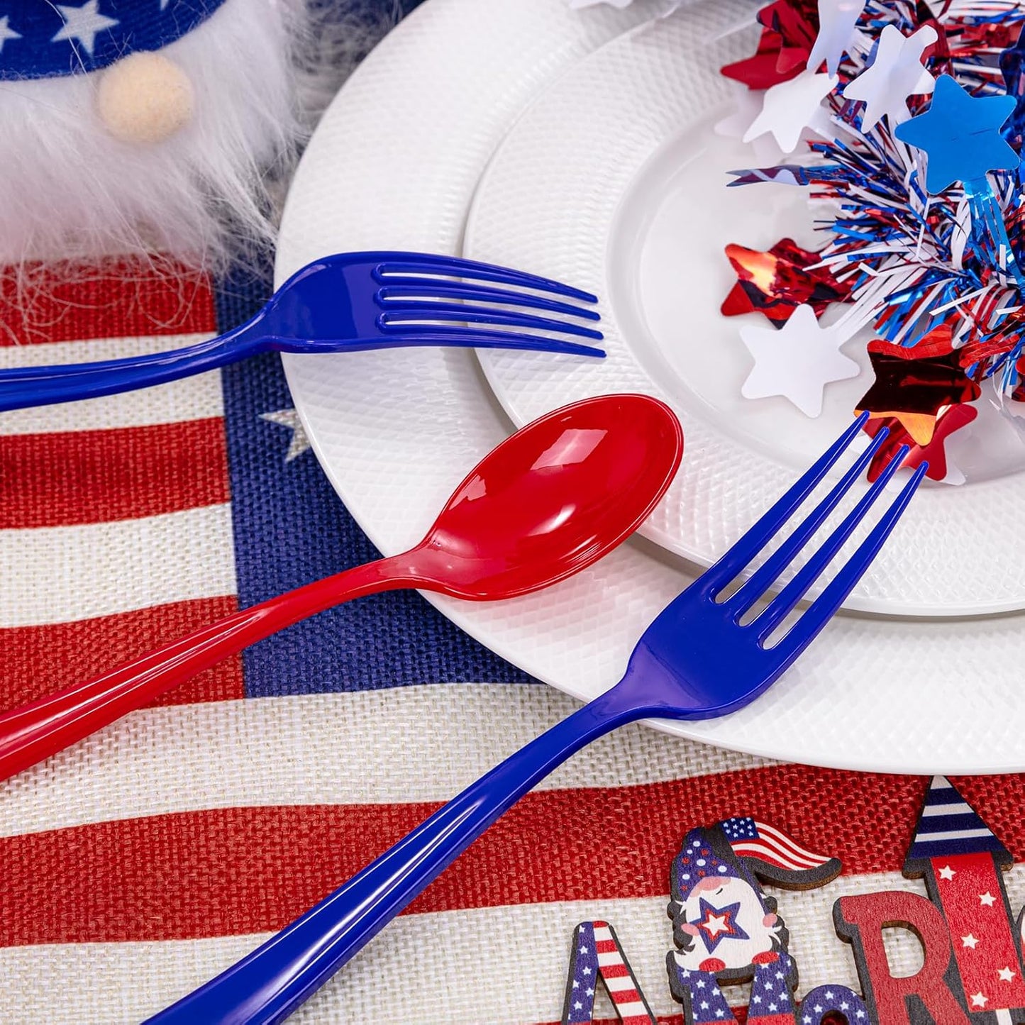 Liacere 200Pcs 4th of July Red Blue Disposable Plastic Silverware-Red Blue Plastic Cutlery - American Flag Patriotic Party Supplies include 100Forks 50Spoons 50Knives for Independence Day&Memorial Day