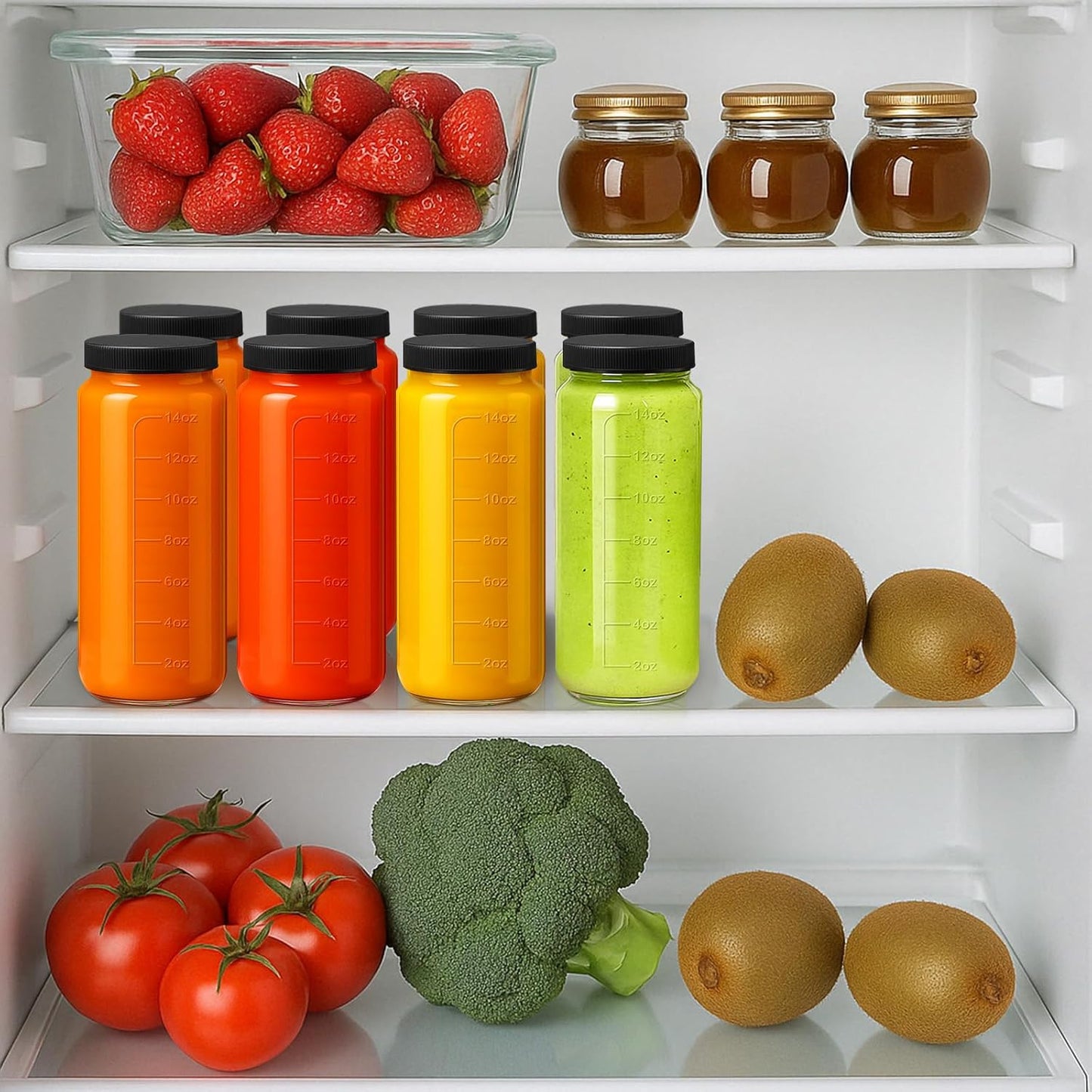 Ruckae 16oz 8 Pack Juice Bottles, Glass Bottles Juicing with Lids, Smoothie Cup Lids and Straws, Water Bottle Mason Jar Drinking Glasses for Juicing, Smoothies, Kombucha