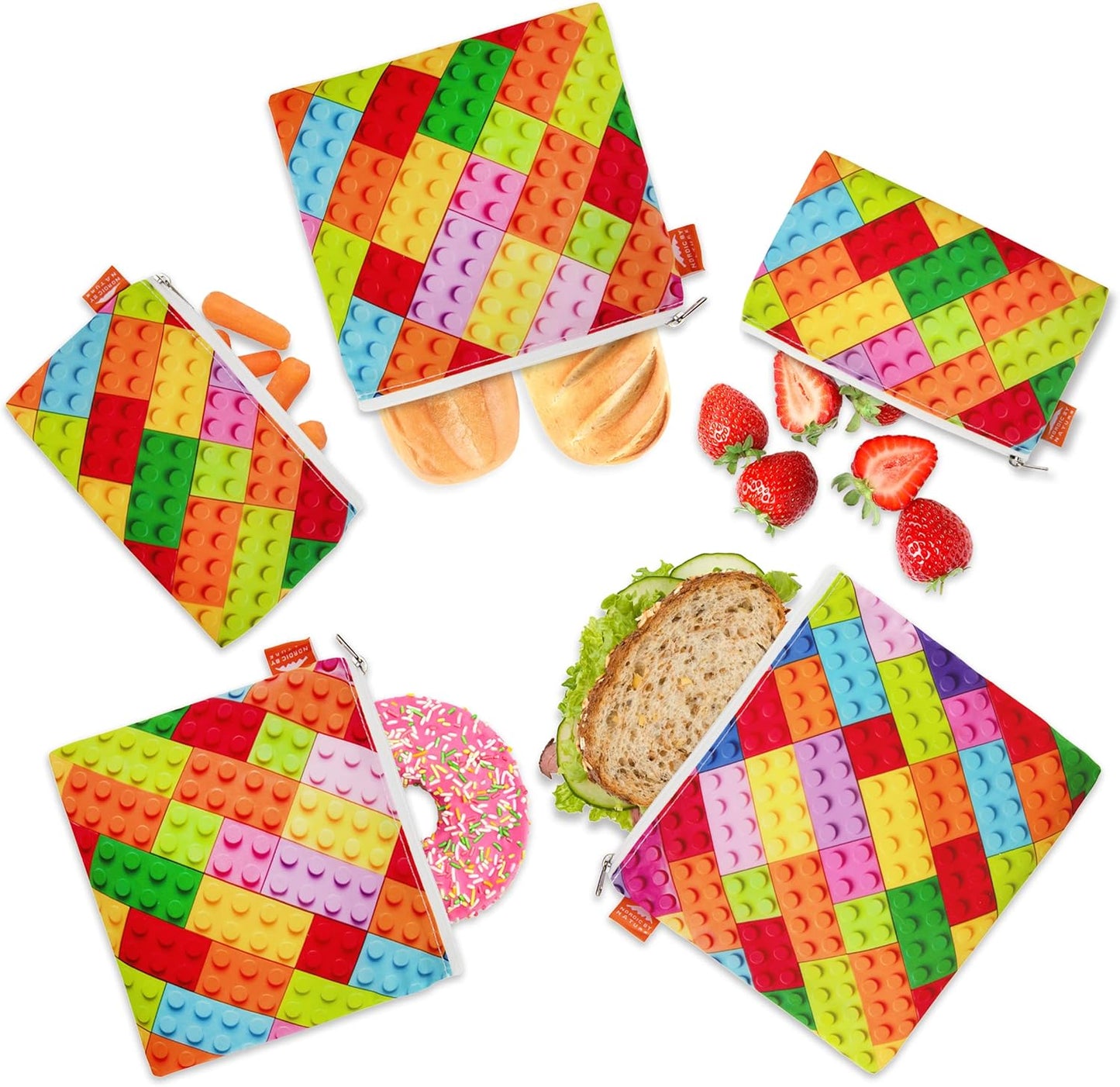 Nordic By Nature Reusable Sandwich Bag Snack Bags - Value Pack of 5 Dual Layer Lunch Baggies - Dishwasher Safe - Eco Friendly Cloth Wraps - Easy Open Zipper (Color Blocks)