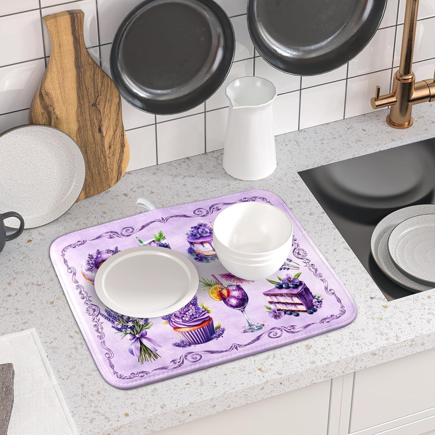 Purple Dish Drying Mats for Kitchen Counter Washable Drying Pad Absorbent Coffee Mat - Delicious Afternoon Tea