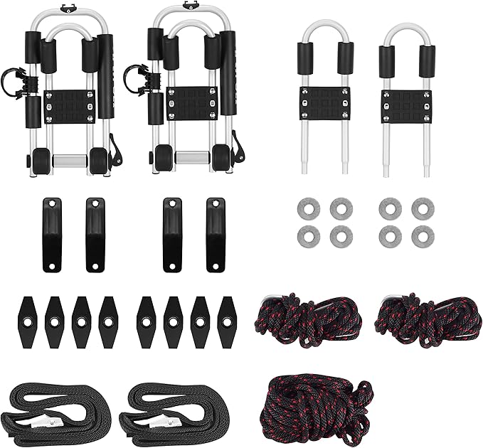 Kayak Roof Rack for 2 Kayaks, 4-in-1 Multifunction Bilateral Kayak & Canoe Car Racks J-Bar with Paddle Holder for Easy Mount Kayak/Surf/Ski/Canoe/SUP on SUV, Car and Truck Crossbar