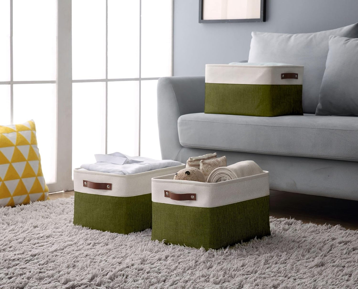 DECOMOMO Fabric Storage Bins - Storage Baskets for Shelves, Linen Closet Organization (Olive Green & White, Large - 3 Pack)