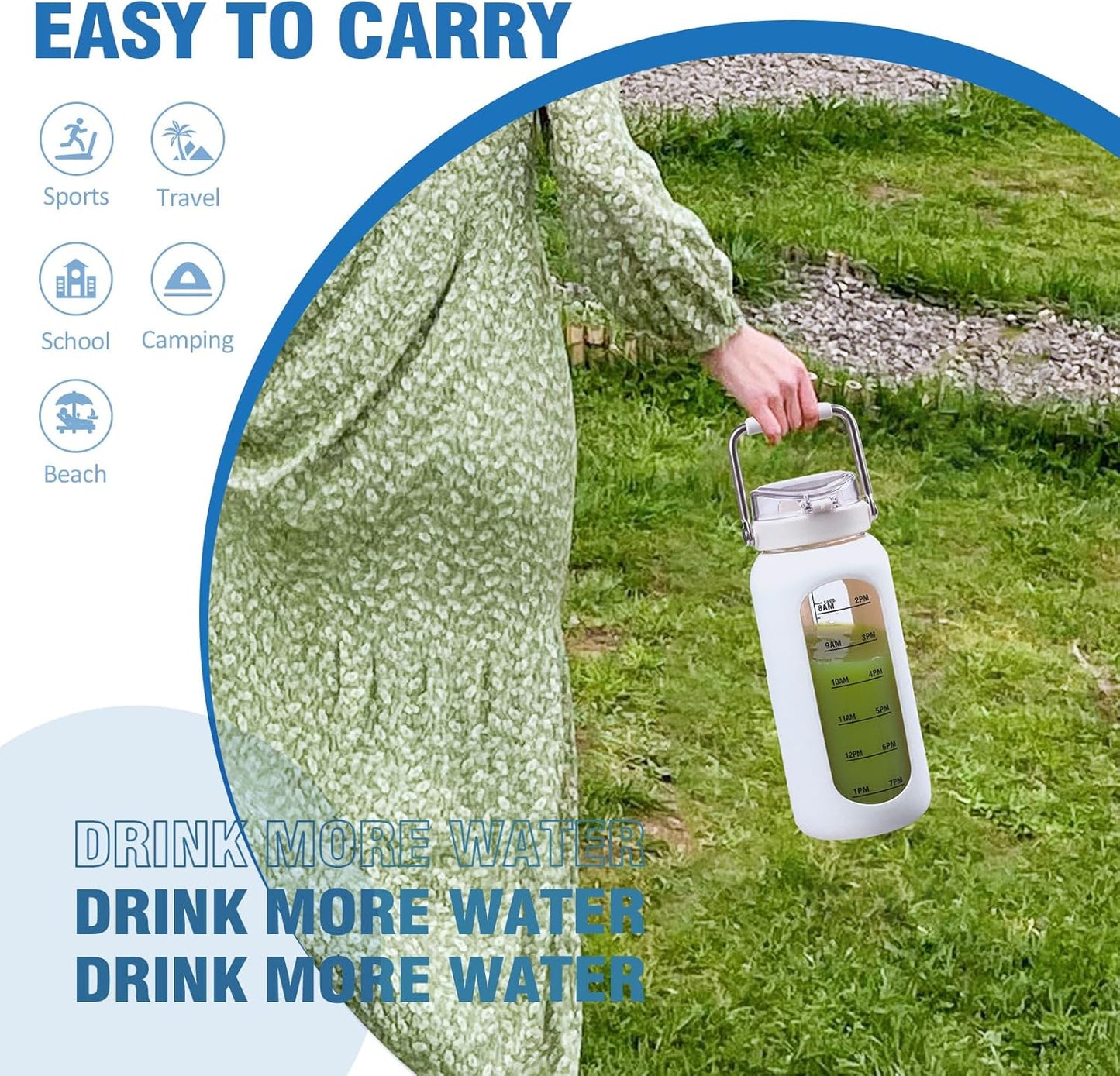 kytffu 64 oz Glass Water Bottle with Straw and Stainless Steel Handle, Half Gallon Water Bottle with Silicone Sleeve and Time Marker, 2L Large Glass Bottle for Gym, School, Travel, Leak-proof (White)