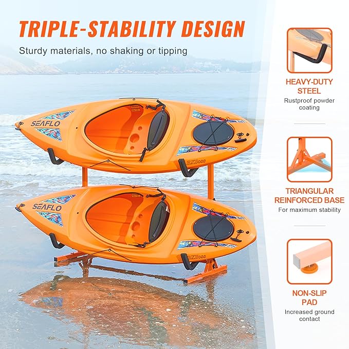 VEVOR Freestanding Kayak Storage Rack, Kayak Stand for 2 or 4 Kayak Canoe Paddleboard, Heavy-Duty Steel Kayak Hanger Holder with Padded Arms and Adjustable Width,for Indoor Outdoor Garage