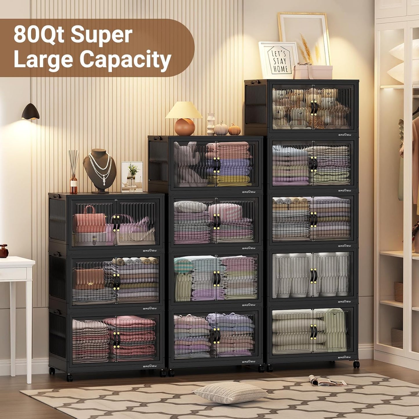 400Qt Stackable Storage Bins with Lid, Extra Large Closet Organizer Collapsible Drawer Boxes with Wheels, Folding Plastic Cabinet Containers for Home Kitchen Room Organization, 5Pack Black