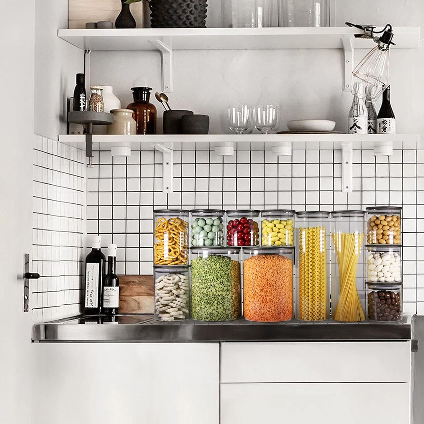 Urban Green Glass Jars with Black Lids, Glass Food Storage Canister with black lids, Pantry Flour Jars, Large Size Food Storage Containers set (2 Sets of 100oz)