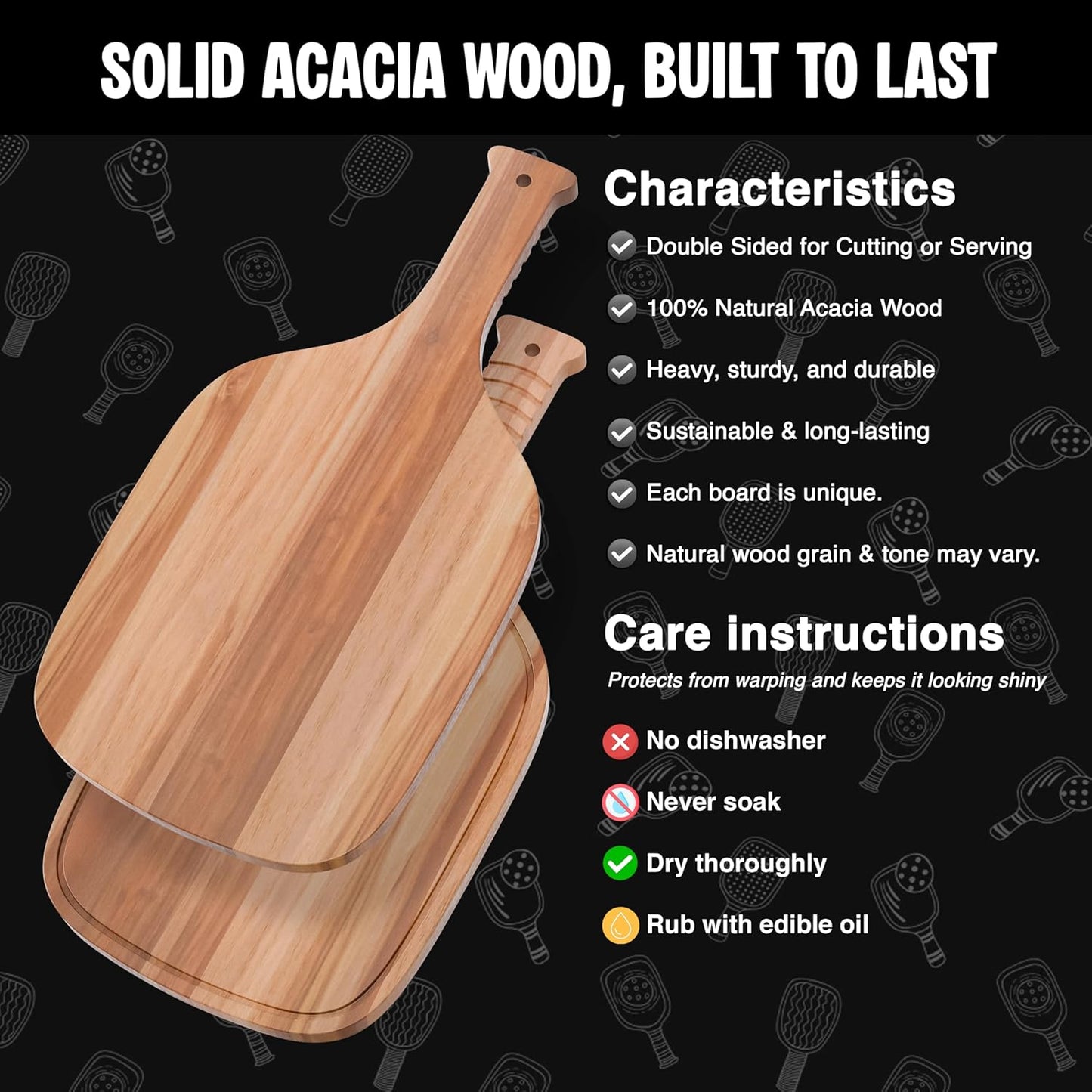 New – Set of 2 Pickleball Paddle Charcuterie & Cheese Boards – Acacia Wood Cutting Boards (16.9” x 8.1”) Serving Tray. Pickleball Gifts for Men or Women, Pickle Ball Plates, Pickle Ball Accessories